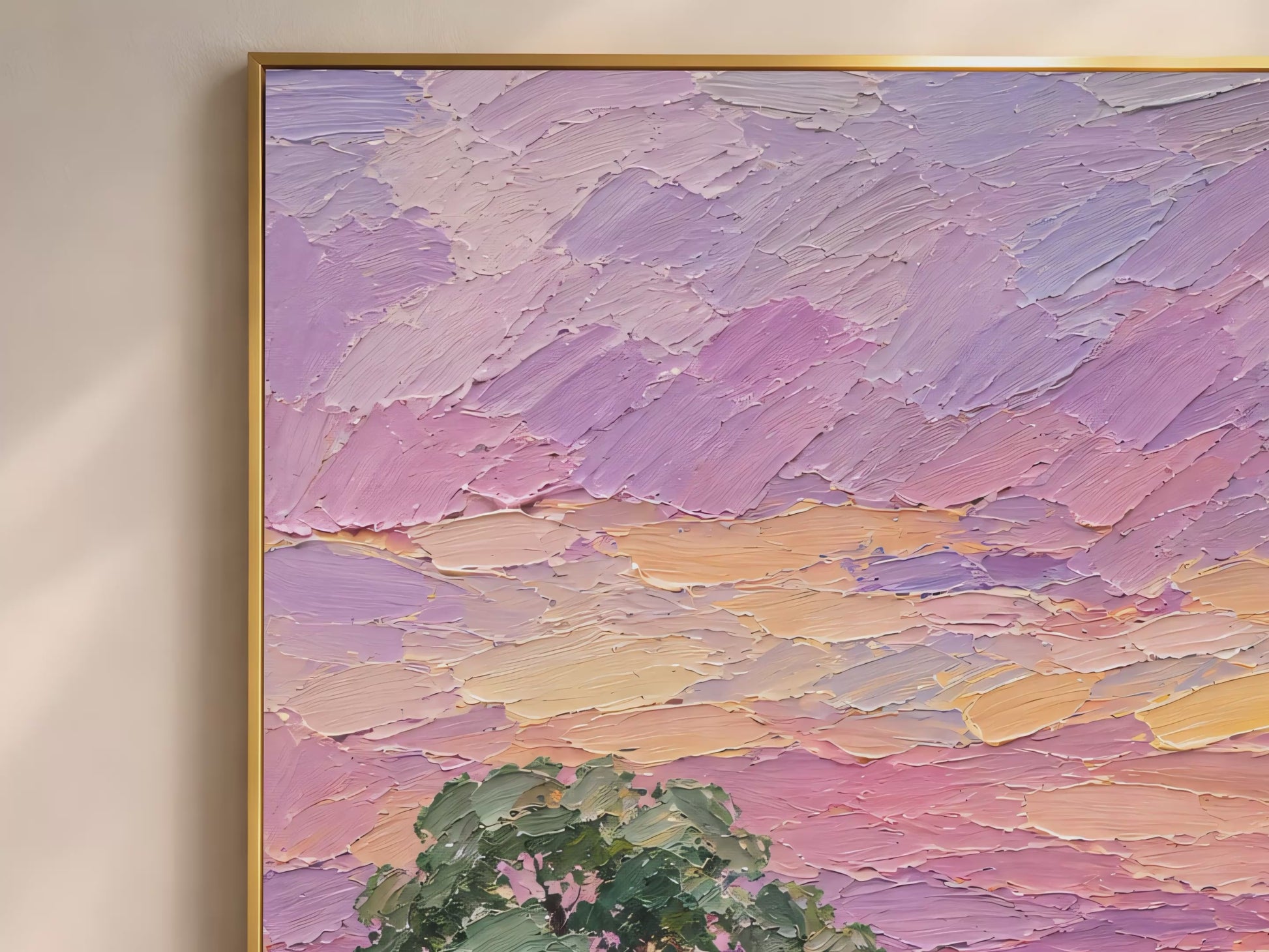 Farmhouse horse sunset impasto oil painting video mockup thumbnail showing thick palette knife texture across the lavender pink orange sunset sky with chestnut horse and barn in a warm interior setting
