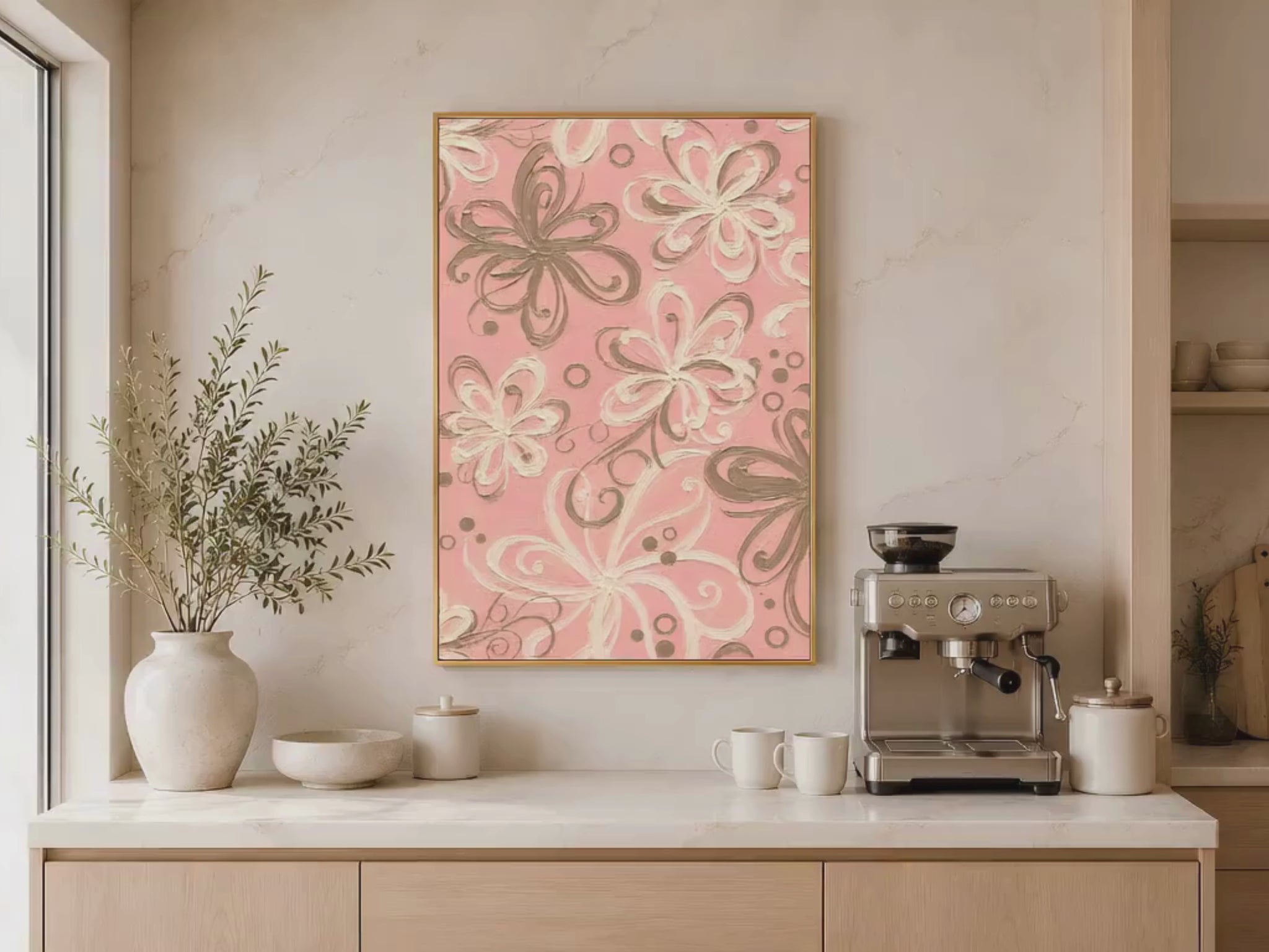 Pink retro swirl floral wall art in gold frame above bathroom vanity with plants and warm lighting (video)
