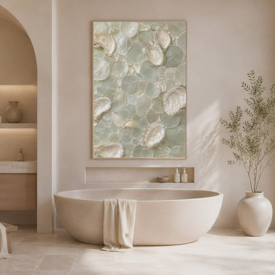 Video preview of sage green oyster shell mosaic wall art in a coastal spa-style bathroom