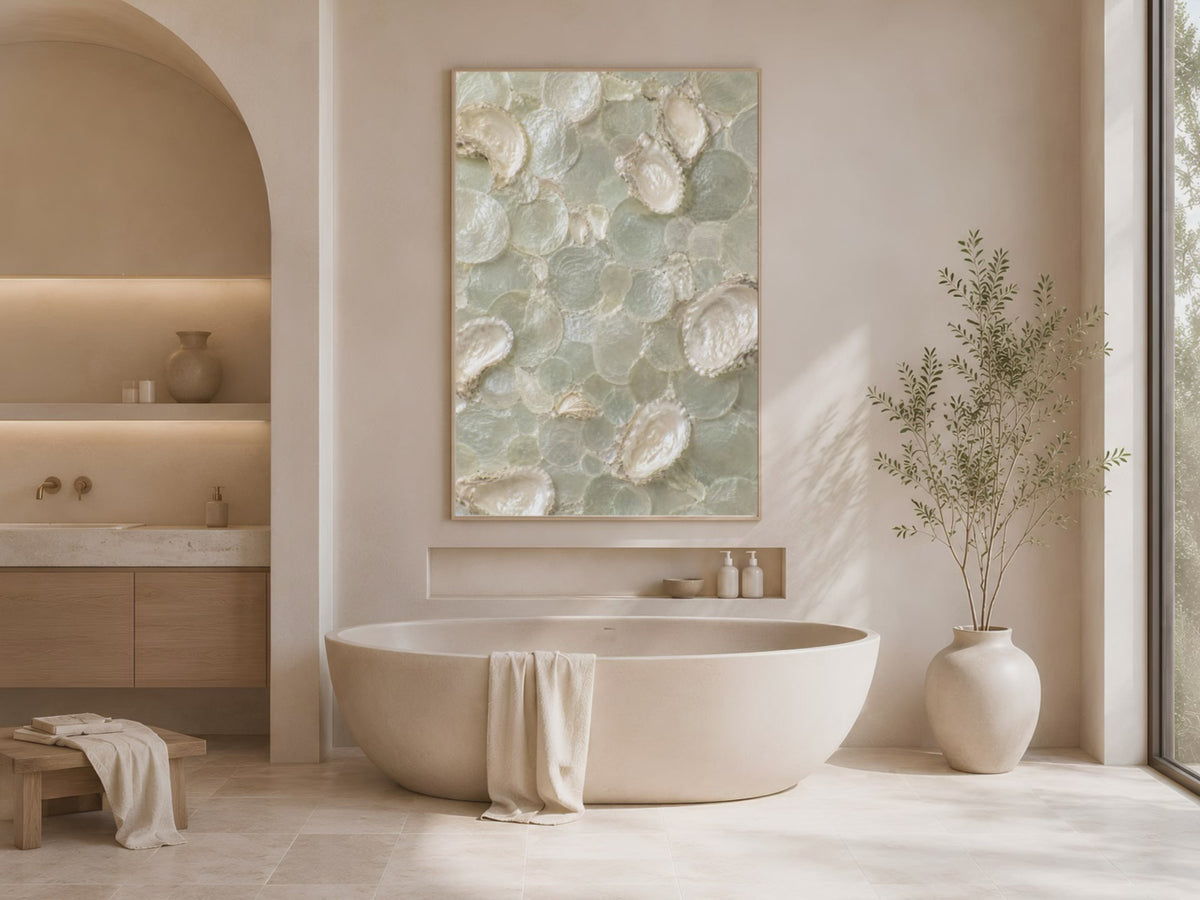 Video preview of sage green oyster shell mosaic wall art in a coastal spa-style bathroom