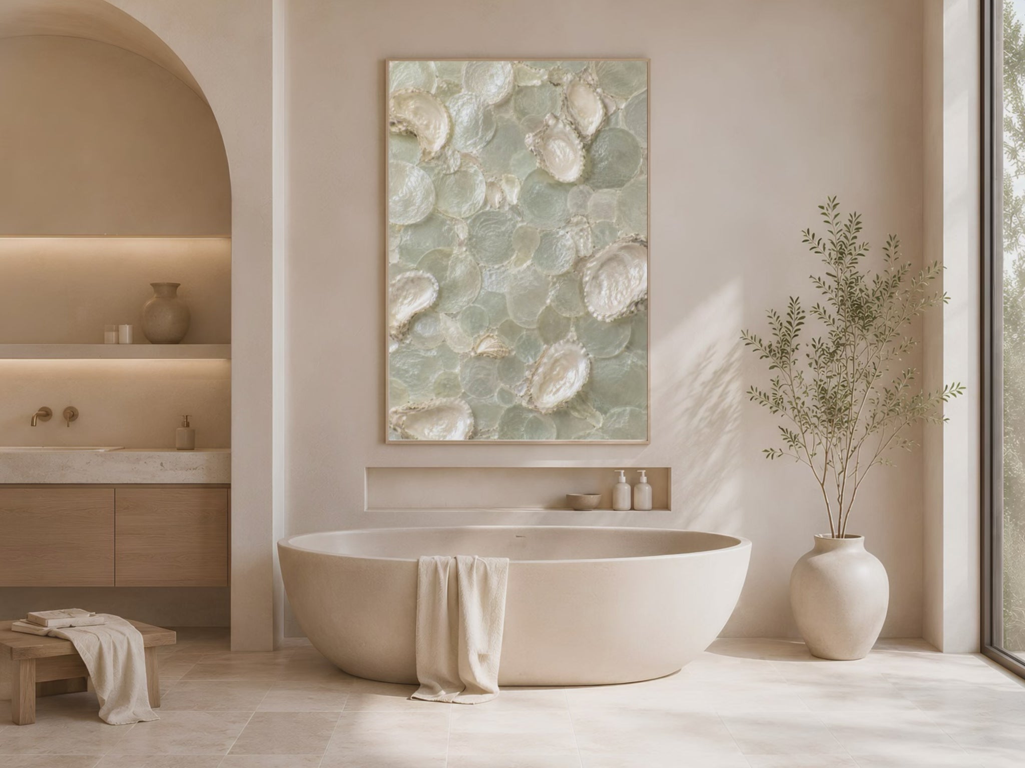Video preview of sage green oyster shell mosaic wall art in a coastal spa-style bathroom