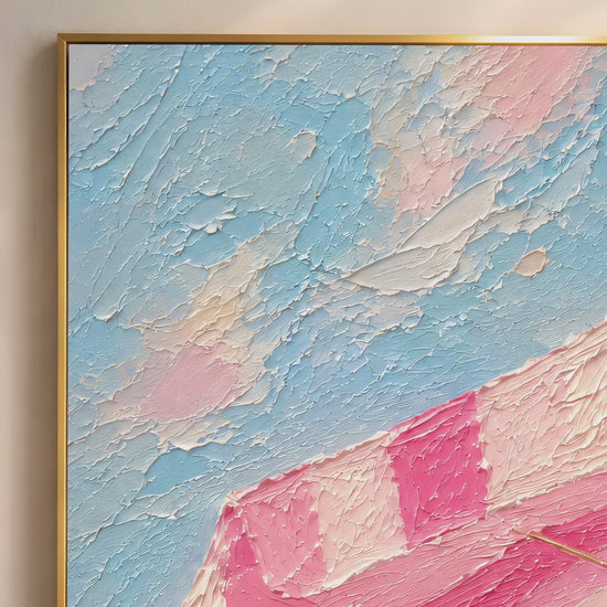 Close-up macro detail of pink striped beach umbrella impasto painting texture in hot pink and sky blue showing thick palette knife strokes (video thumbnail)
