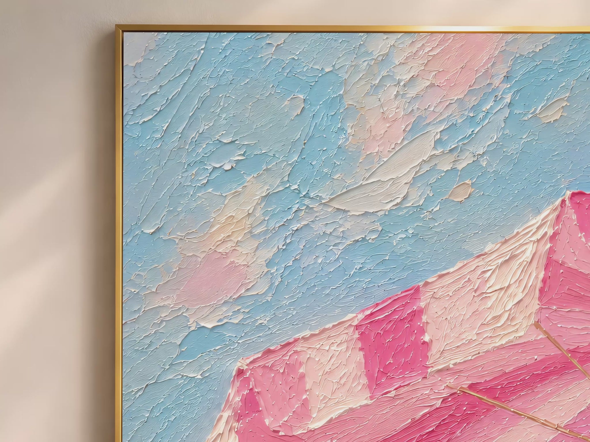 Close-up macro detail of pink striped beach umbrella impasto painting texture in hot pink and sky blue showing thick palette knife strokes (video thumbnail)
