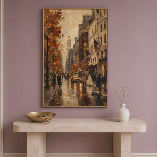 Video preview thumbnail showing the New York City print displayed above a console table in an entryway
