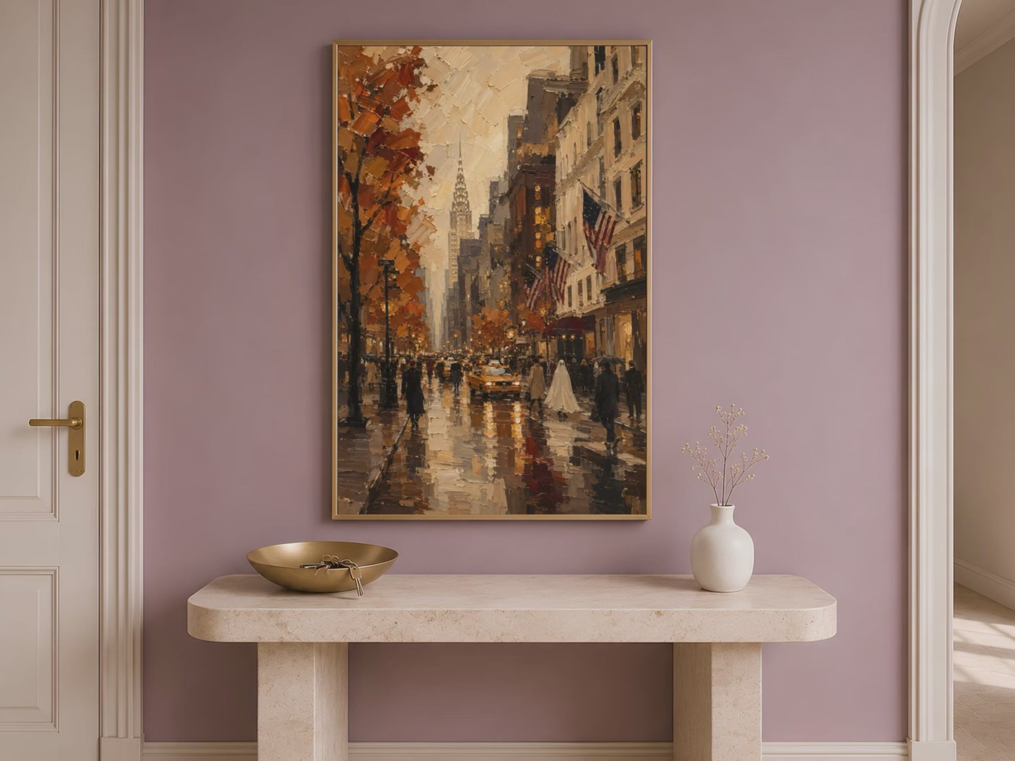 Video preview thumbnail showing the New York City print displayed above a console table in an entryway