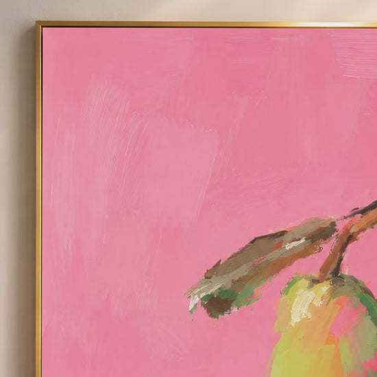 Video thumbnail close-up of impasto green pear painting showing full hot pink background and yellow-green pear with painted leaves
