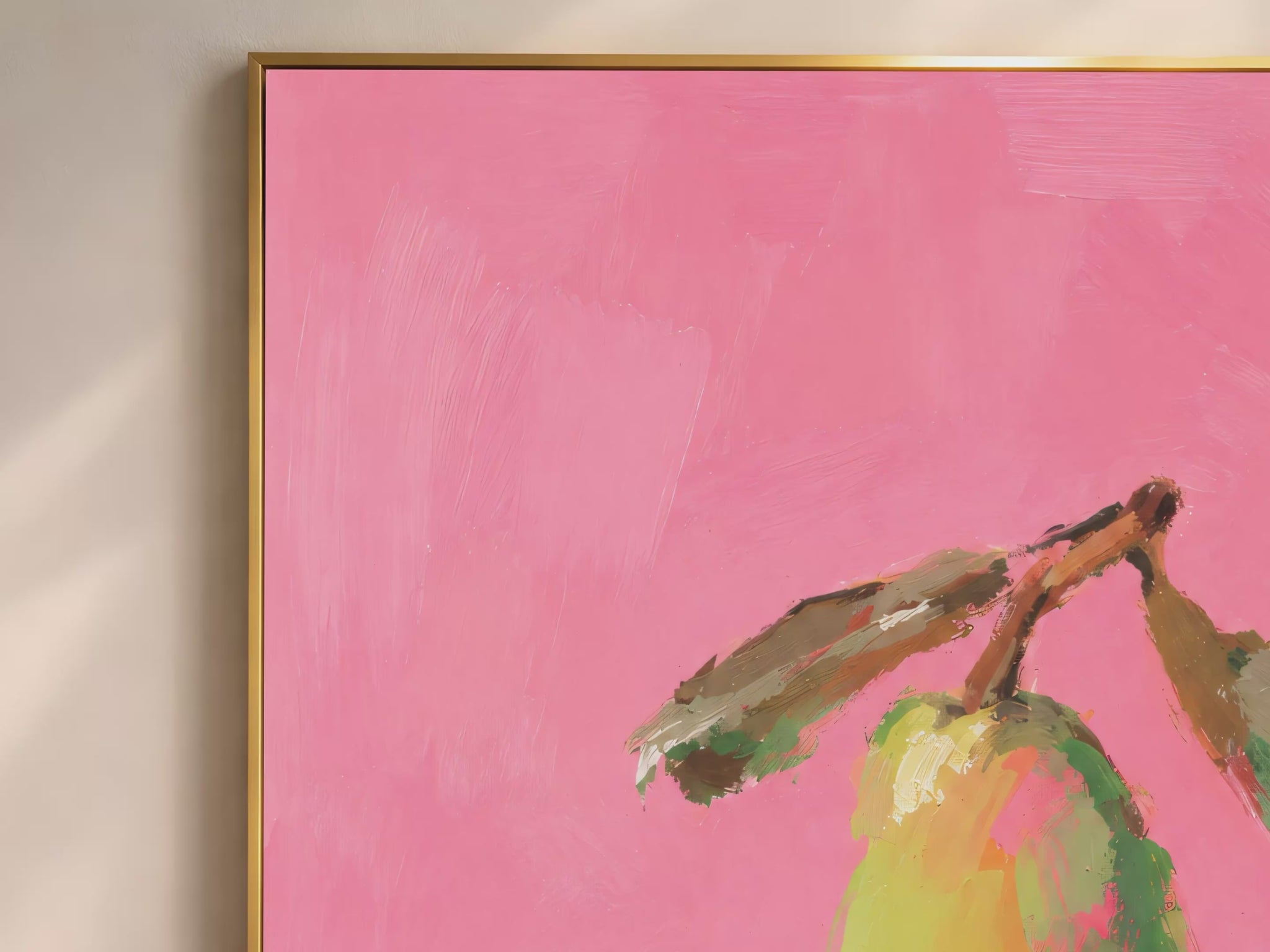 Video thumbnail close-up of impasto green pear painting showing full hot pink background and yellow-green pear with painted leaves
