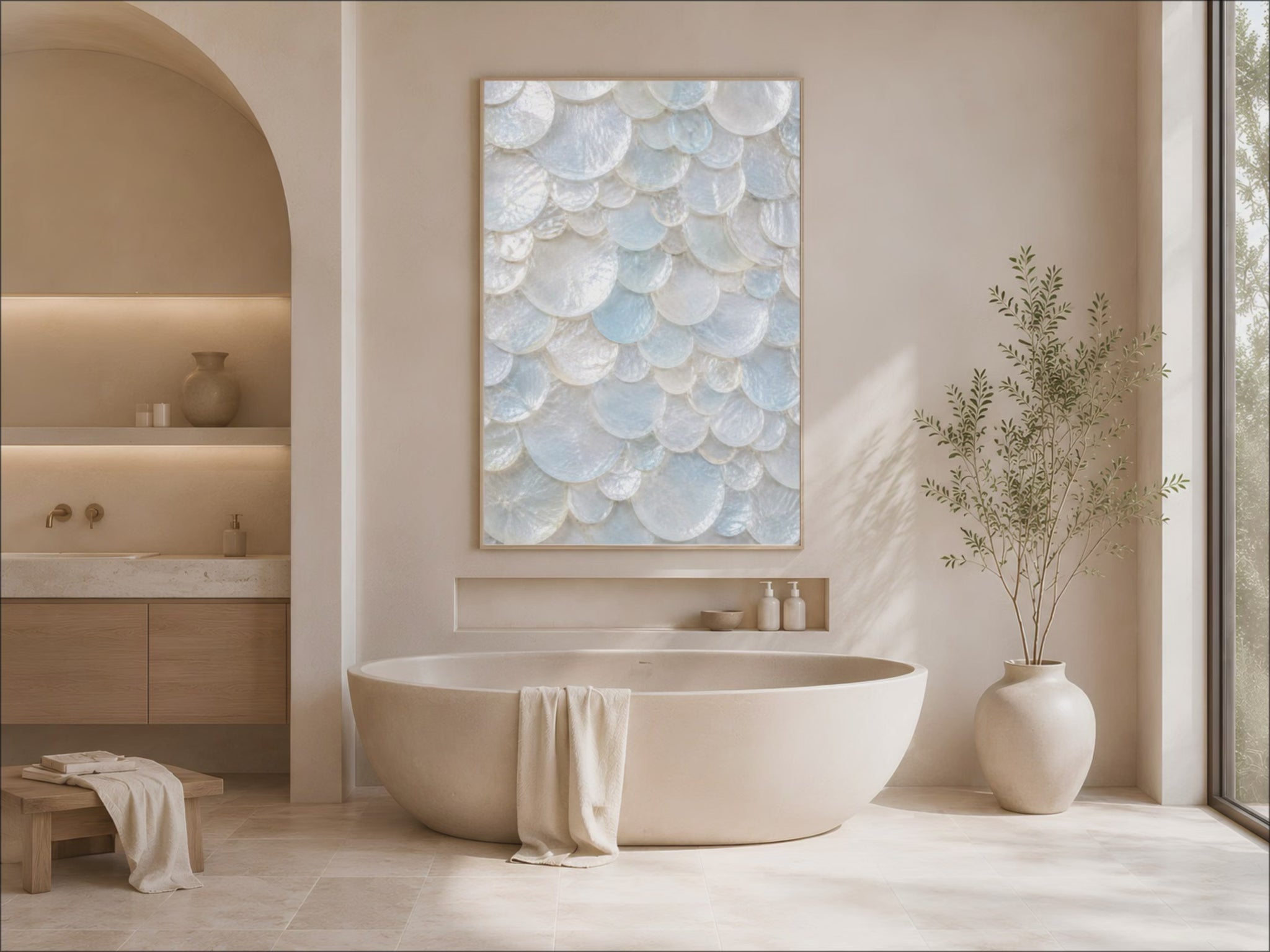 Sunlit bathroom with a freestanding tub, potted greenery, and a framed sea glass shell print above the vanity nook.