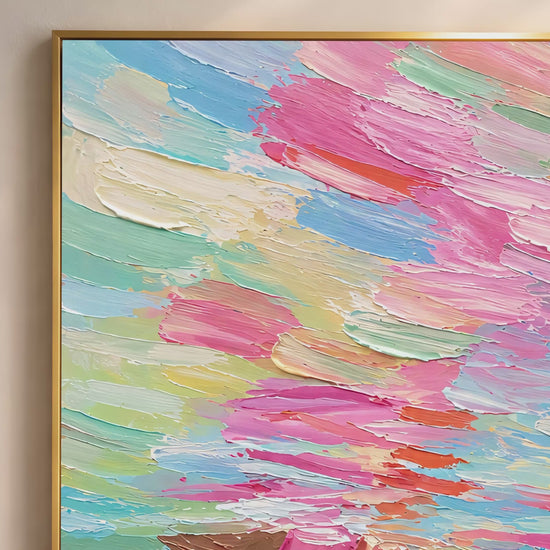 Woman swimmer diving impasto oil painting video mockup thumbnail showing vibrant teal, pink, and coral water strokes with pink swimsuit in a warm interior setting
