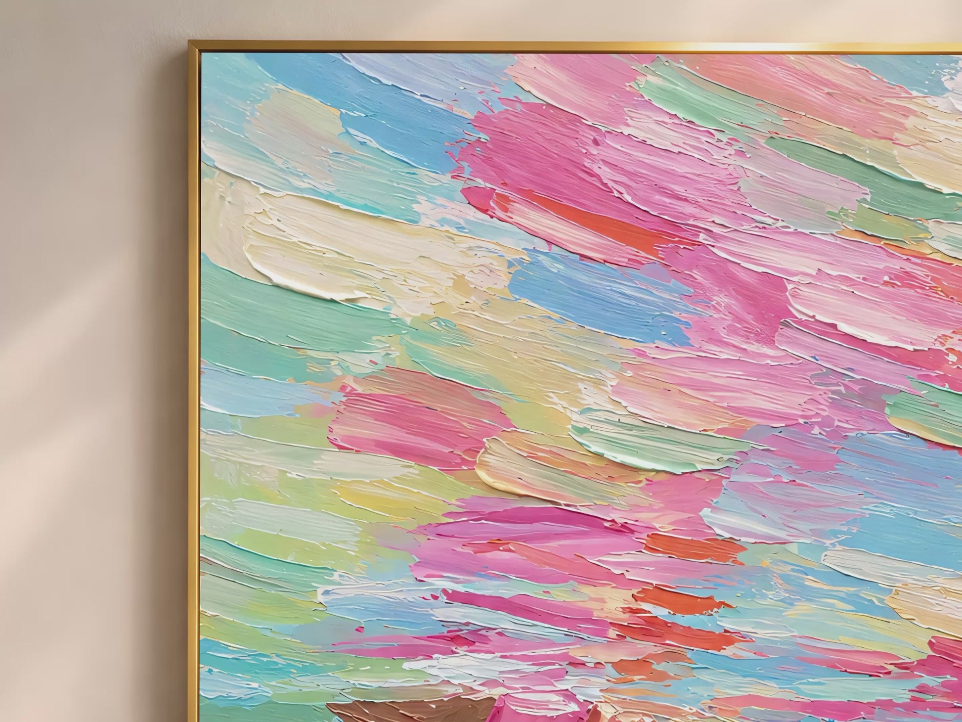 Woman swimmer diving impasto oil painting video mockup thumbnail showing vibrant teal, pink, and coral water strokes with pink swimsuit in a warm interior setting
