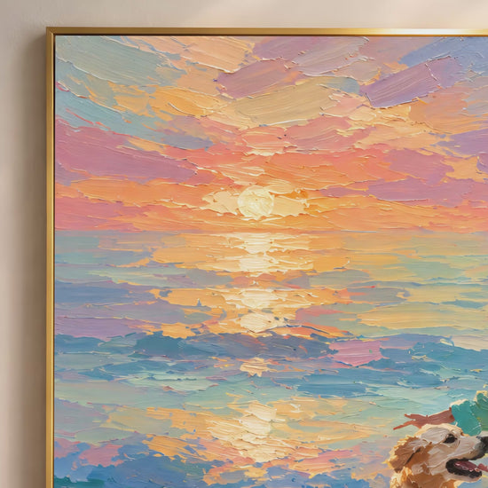 Girl and golden retriever beach sunset impasto oil painting video mockup thumbnail showing thick palette knife texture with glowing peach amber sunset sky and teal ocean in a warm interior setting
