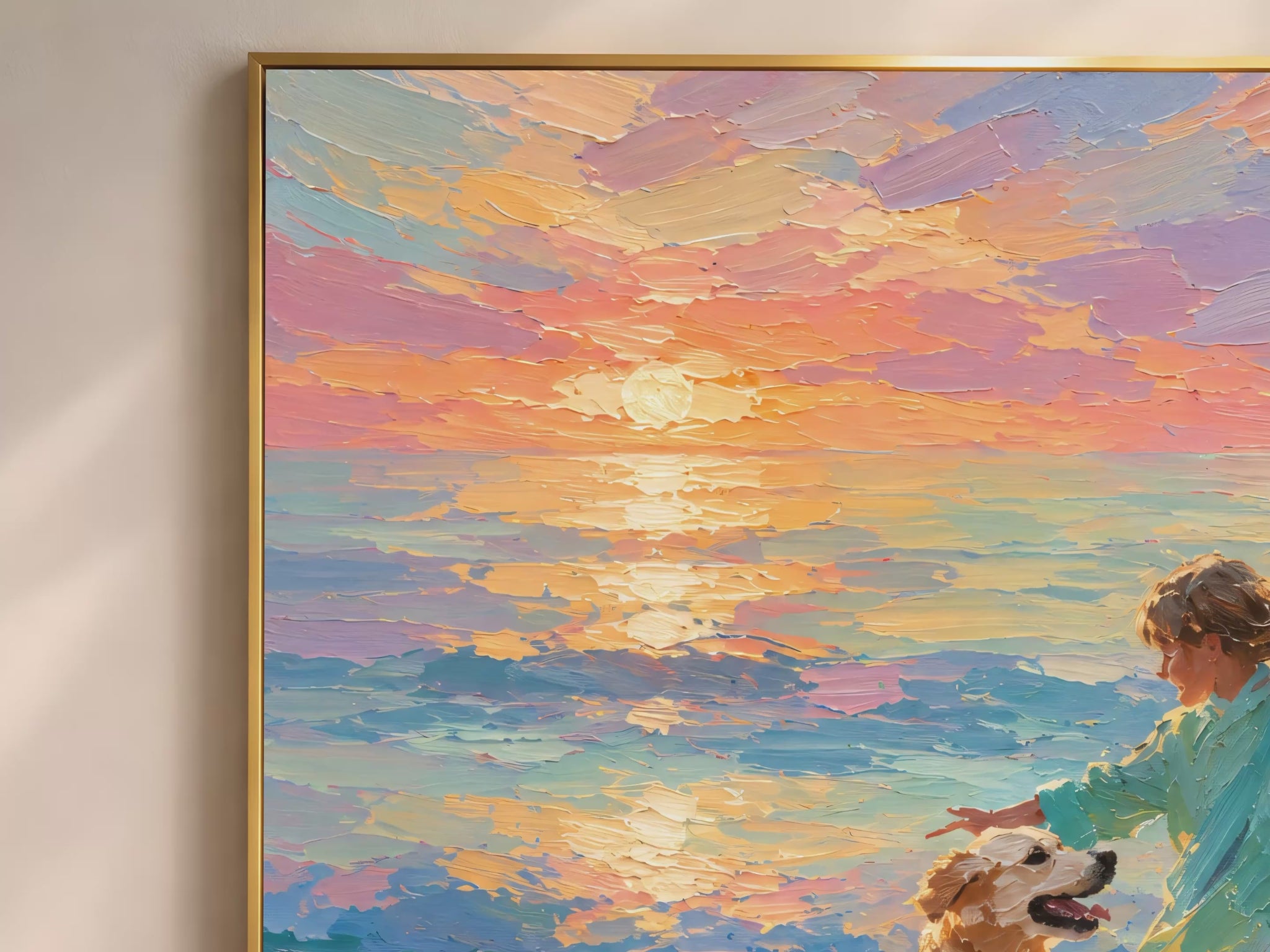 Girl and golden retriever beach sunset impasto oil painting video mockup thumbnail showing thick palette knife texture with glowing peach amber sunset sky and teal ocean in a warm interior setting
